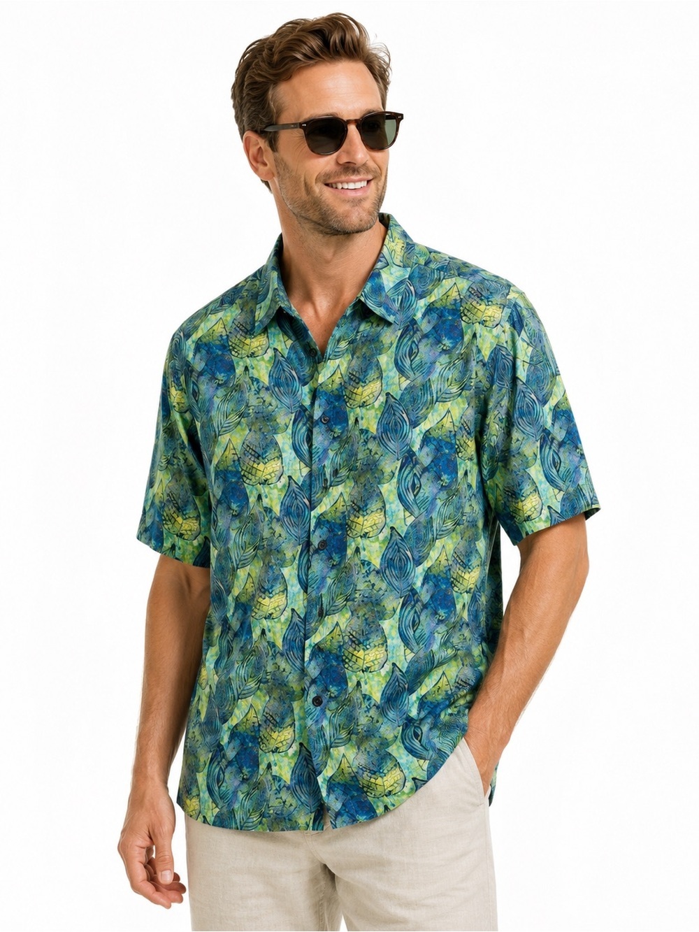 Happy Bay 100% Tencel Hawaiian Camp Shirt Blue Green Resort Men’s L